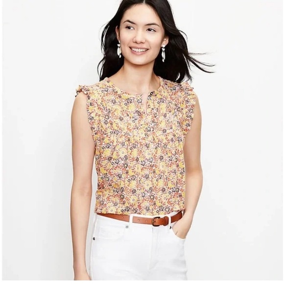 LOFT Tops - LOFT Vintage Island Floral Ruffle Henley Top Size LP